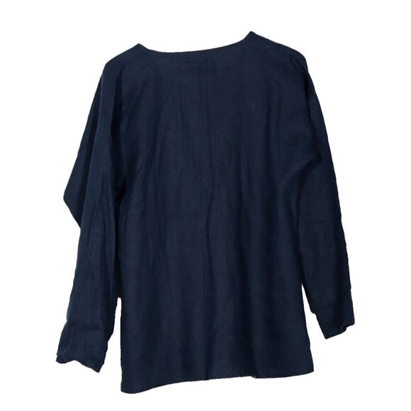 Flax Women's Size Medium Navy Blue Tunic Linen 4 Button Blouse Long Sleeve Shirt - Picture 7 of 9